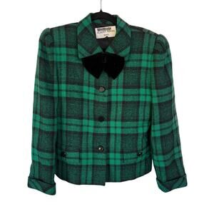 Vintage 80s Kelly Green Plaid Blazer Jacket Wool Velvet Bow Preppy Career Size 8